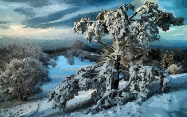 Обои картинки фото рисованное, природа, зима, пейзаж, снег, лес, деревья