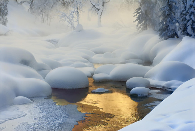 Обои картинки фото природа, зима, свет, деревья, дымка, снег, река, лес