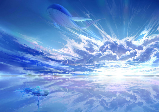Обои картинки фото аниме, vocaloid, hatsune, miku, arsh, арт, отражение, кит, небо, солнце, облака, девушка, вода, закат, пейзаж