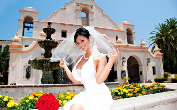 Картинка девушки denise+milani здание брюнетка платье невеста цветы