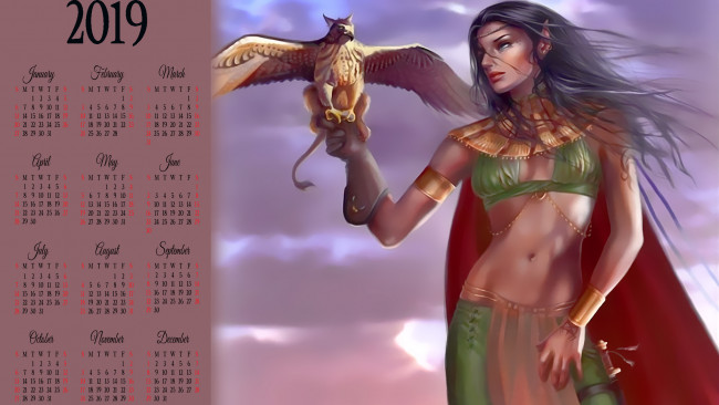 Обои картинки фото календари, фэнтези, девушка, существо, животное, крылья