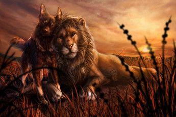 Картинка рисованное животные лев собака фон дружба взгляд