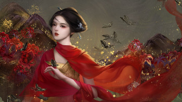 Картинка фэнтези девушки девушка азиатка бабочки шлейф