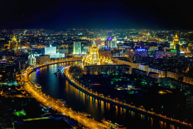 Обои картинки фото города, москва , россия, москва, река, ночь, панoрама
