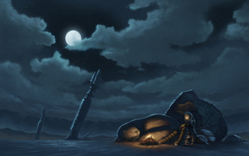 Картинка аниме *unknown другое девушка животное зверь огонь костер ночь луна облака горы колонна