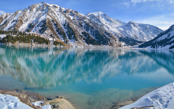обоя природа, горы, озеро, зима