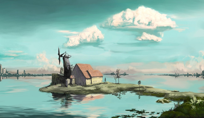 Обои картинки фото аниме, *unknown, другое, постройки, мельница, пейзаж, озеро, деревья, облака, дом