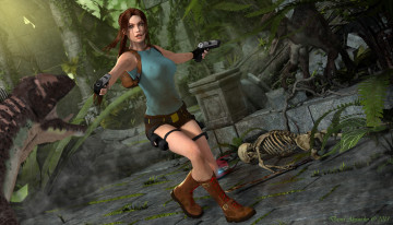 Картинка 3д графика fantasy фантазия динозавр скилет девушка оружие