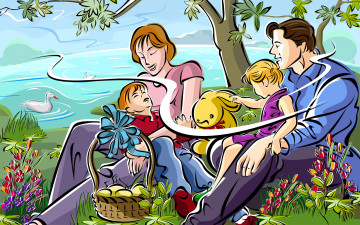 Картинка рисованные люди пикник кролик яйца пасха традиция семья