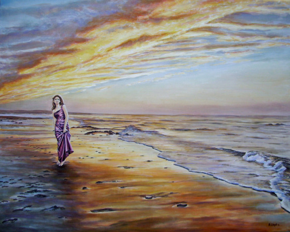 Обои картинки фото andy, lloyd, an, evening, stroll, рисованные, девушка, море