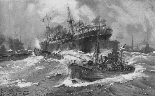 Обои картинки фото frank, henry, mason, корабли, рисованные, танкер, конвой, шторм