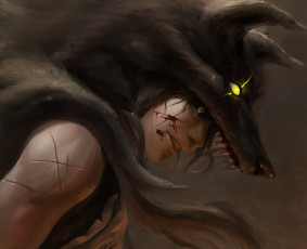 Картинка фэнтези люди шкура парень волк кровь глаза