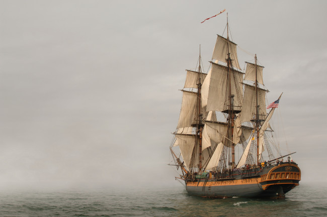 Обои картинки фото корабли, парусники, парусник, туман, море, фрегат