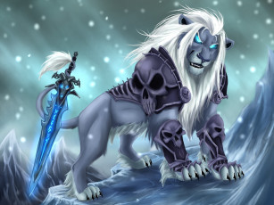 Картинка фэнтези существа лев снег холод магия оружие меч черепа броня взгляд грива