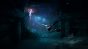Картинка видео+игры tomb+raider +underworld лара крофт вода плавание медуза город