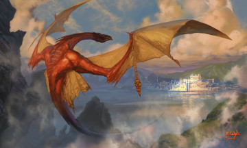 Картинка фэнтези драконы облака озеро город горы дракон