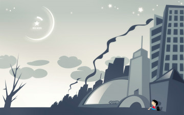 Картинка векторная+графика город+ city дерево дым облака звезды небо собака человечек город здания дома
