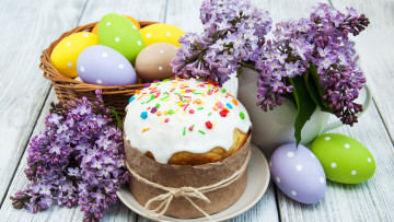 Картинка праздничные пасха decoration сирень easter яйца крашеные eggs цветы happy spring flowers кулич