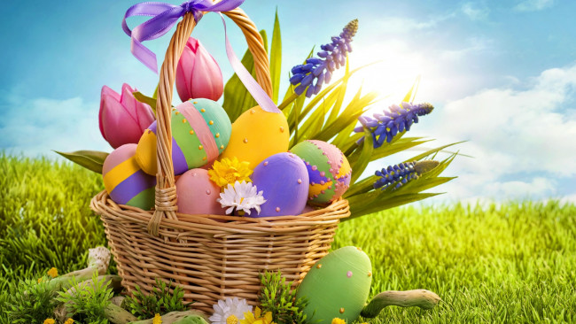 Обои картинки фото праздничные, пасха, бантик, яйца, тюльпаны, корзинка, солнечный, свет, праздник, крашенки