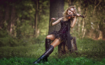 Картинка музыка -другое лес сапоги скрипка платье пень настроение сергей рехов девушка