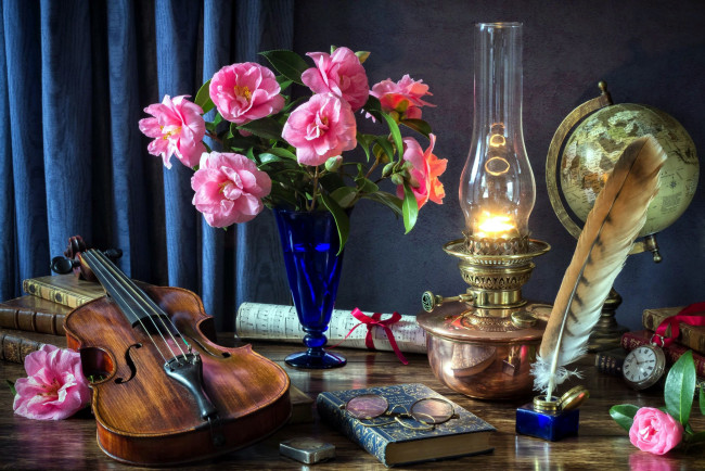 Обои картинки фото музыка, -музыкальные инструменты, скрипка, лампа, камелии