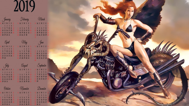 Обои картинки фото календари, фэнтези, хвост, мотоцикл, крылья, девушка