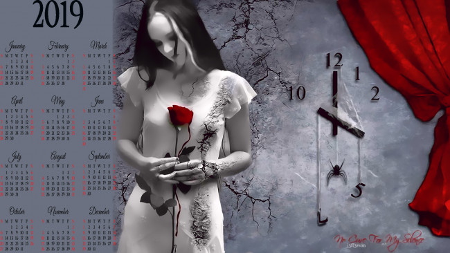 Обои картинки фото календари, фэнтези, паук, часы, цветок, девушка, роза