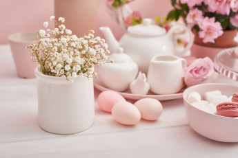 Картинка праздничные пасха праздник яйца цветы весна посуда