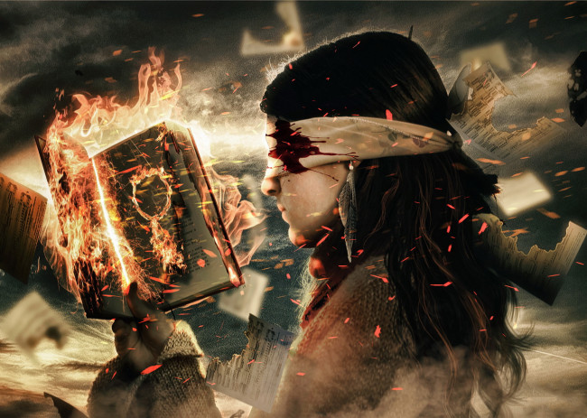 Обои картинки фото фэнтези, девушки, девушка, фон, маска, книга, огонь
