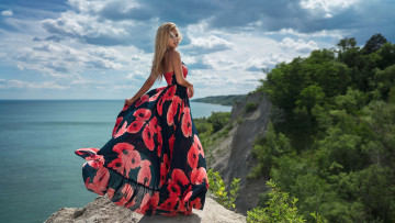 Картинка девушки -+блондинки +светловолосые блондинка море скала длинное платье