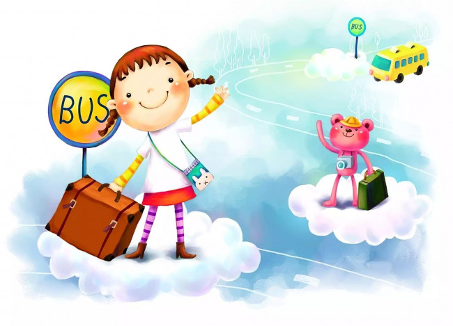 Обои картинки фото рисованное, дети, девочка, мишка, облака, автобус, чемодан