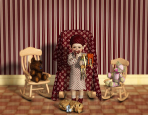 Картинка 3д графика elves эльфы игрушки девушка стулья комната