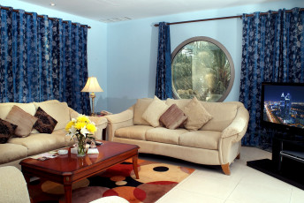 Картинка интерьер гостиная букет диваны шторы столик телевизор