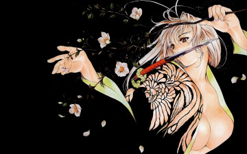 Картинка аниме tenjou tenge ветвь нож юката майя нацумэ девушка блондинка грудь бутоны