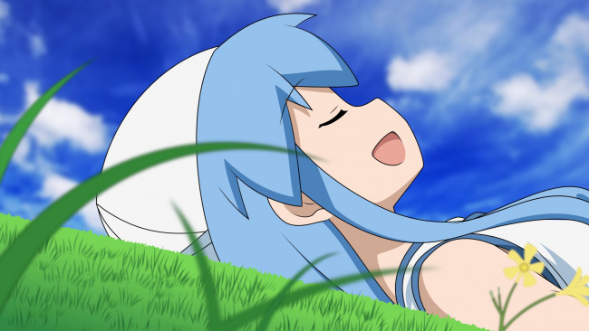 Обои картинки фото аниме, shinryaku, ika, musume, трава, сон, девушка