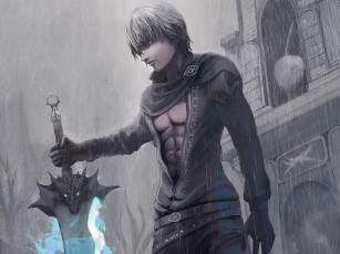 обоя аниме, -weapon,  blood & technology, арт, магия, меч, дождь, парень, maningusu