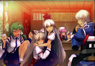 Картинка аниме touhou длинные волосы смех смущение бант тоха eho art очки kochiya sanae kamishirasawa keine fujiwara no mokou парень девушки mystia lorelei morichika rinnosuke