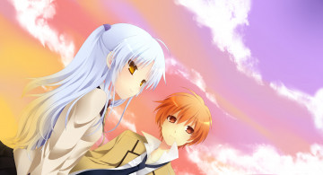 Картинка аниме angel+beats art angel beats закат otonashi yuzuru tachibana kanade парень девушка etou школьники