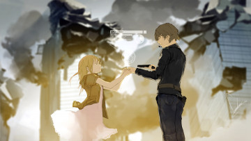 Картинка аниме -weapon +blood+&+technology парень девушка loundraw арт дым дома город руины оружие микрофон