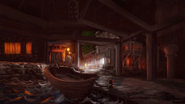 Картинка фэнтези иные+миры +иные+времена ночь фонари порт город арт лодка море