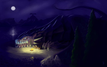 Картинка фэнтези драконы арт ночь горы лес костер парень девушка привал луна озеро