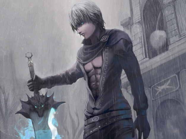 Обои картинки фото аниме, -weapon,  blood & technology, арт, магия, меч, дождь, парень, maningusu
