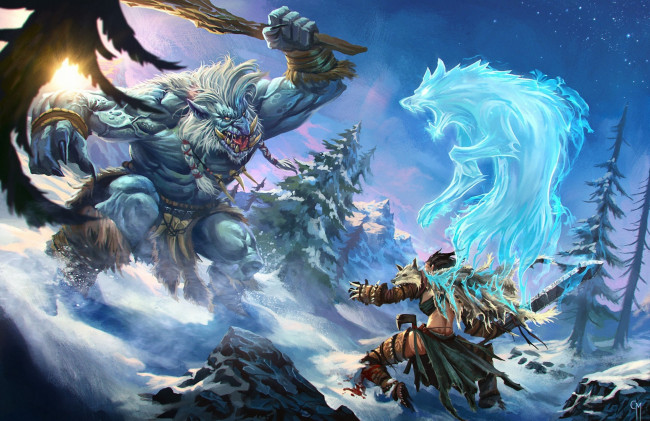 Обои картинки фото фэнтези, существа, снег, дух, воин, монстр, битва, арт