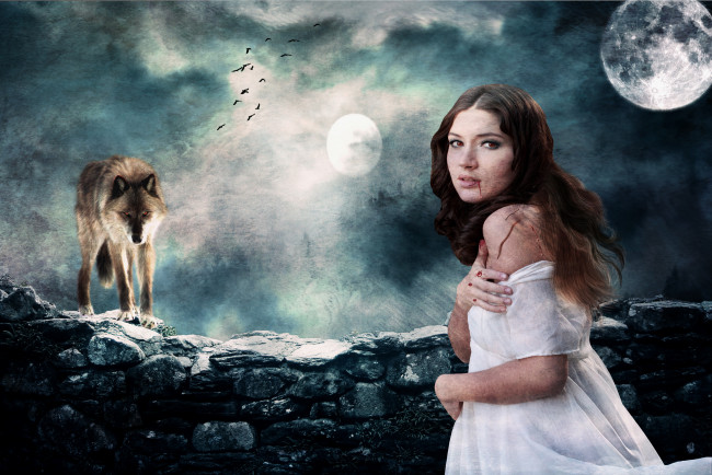 Обои картинки фото фэнтези, фотоарт, луна, волк, девушка