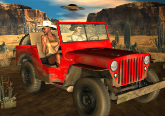 Картинка автомобили 3d+car&girl кактусы автомобиль небо шляпа фон взгляд девушки горы каньон