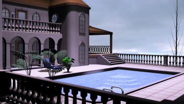 Картинка 3д+графика реализм+ realism дом бассейн вила растение балкон лестница