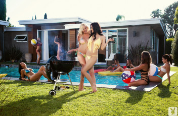 Картинка девушки -unsort+ группа+девушек дом напитки трава мячи игры барбекю бассейн смех