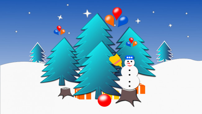 Обои картинки фото праздничные, векторная графика , новый год, снеговик, елки