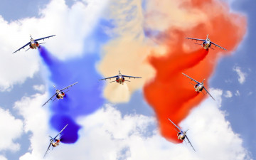 Картинка авиация авиационный+пейзаж креатив истребитель авиашоу высший пилотаж дым цветной