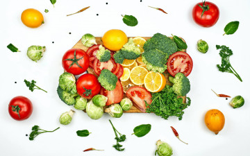 Картинка еда фрукты+и+овощи+вместе лимоны помидоры брокколи